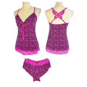 Womens Sexy Lingerie 2 Piece Lace Hearts Sleepwear Cami Nightwear Pajama Sets